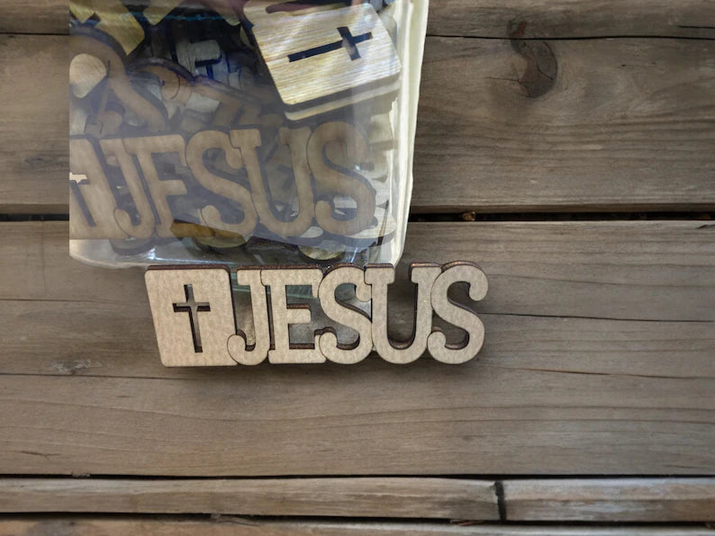 Handcrafted Jar of Jesus Wooden Cutouts - Religious Decor, Christian Gifts, Faith Symbols, Inspirational Home Accents - When you need Jesus