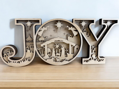 Laser Cut Wooden Nativity Scene Christmas JOY Sign - Handcrafted Christian Decor, Holiday Gift, Rustic Religious Home Decor - Christmas Gift