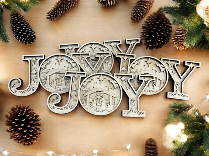 Laser Cut Wooden Nativity Scene Christmas JOY Sign - Handcrafted Christian Decor, Holiday Gift, Rustic Religious Home Decor - Christmas Gift