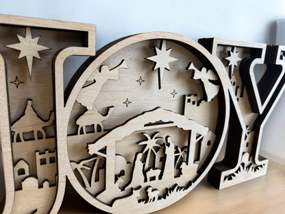 Laser Cut Wooden Nativity Scene Christmas JOY Sign - Handcrafted Christian Decor, Holiday Gift, Rustic Religious Home Decor - Christmas Gift